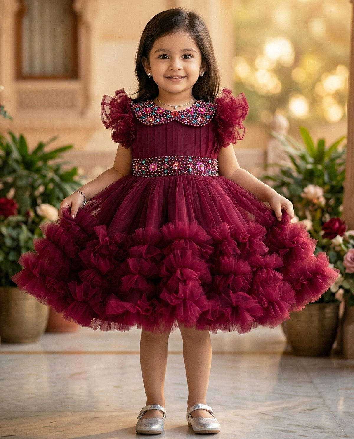 Royal Glam Wine Red Luxury Heavy Frill Gown