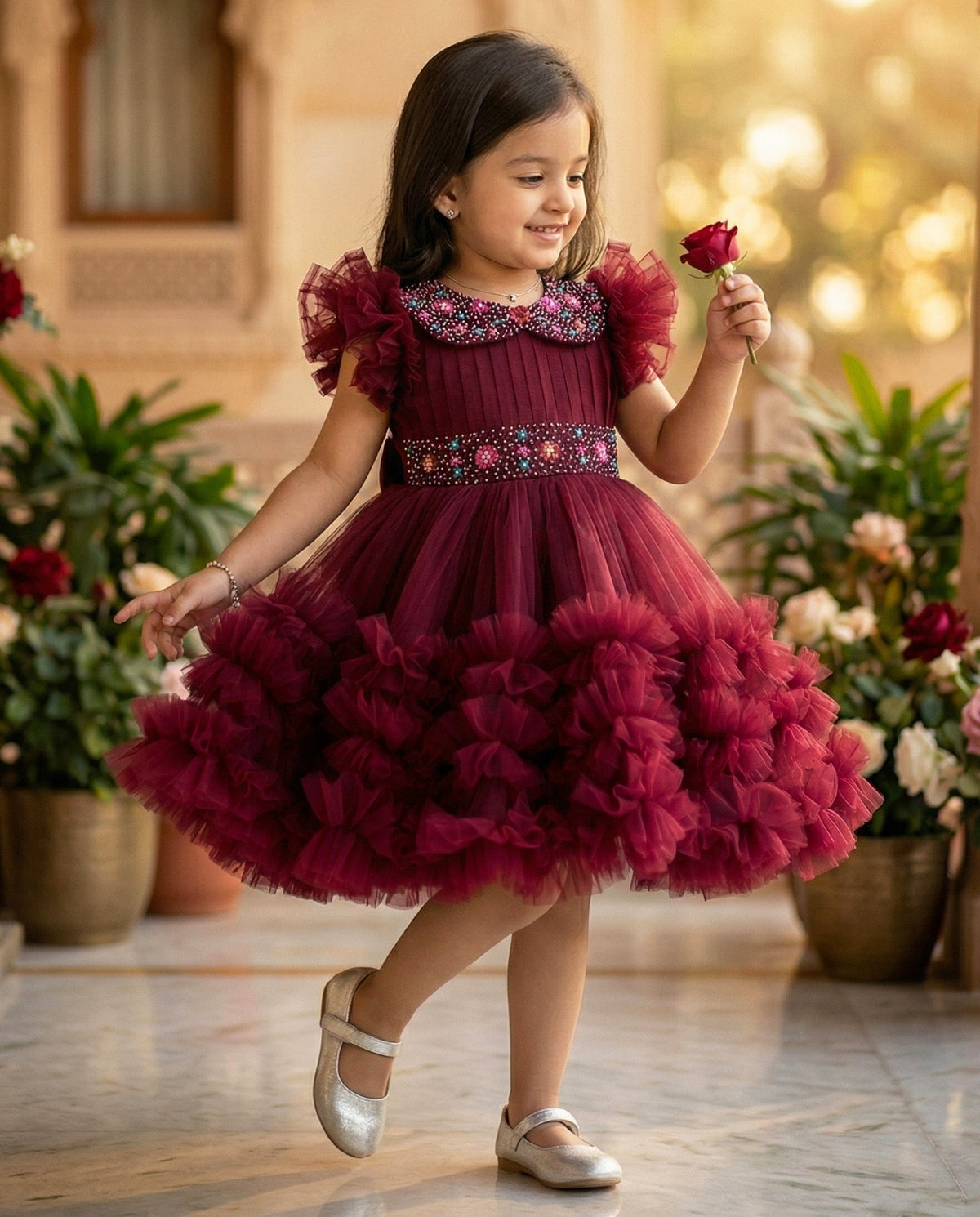 Royal Glam Wine Red Luxury Heavy Frill Gown