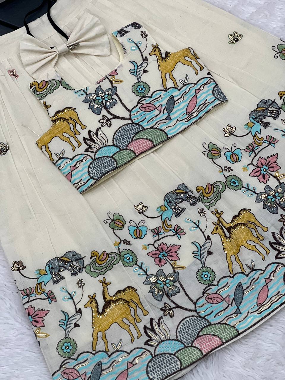 Vibrant Offwhite Animal Work Cura Cotton Lehengha With Top