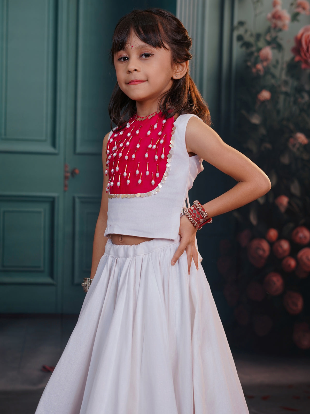 Kiara White & Pink Royal Kids Lehenga Choli