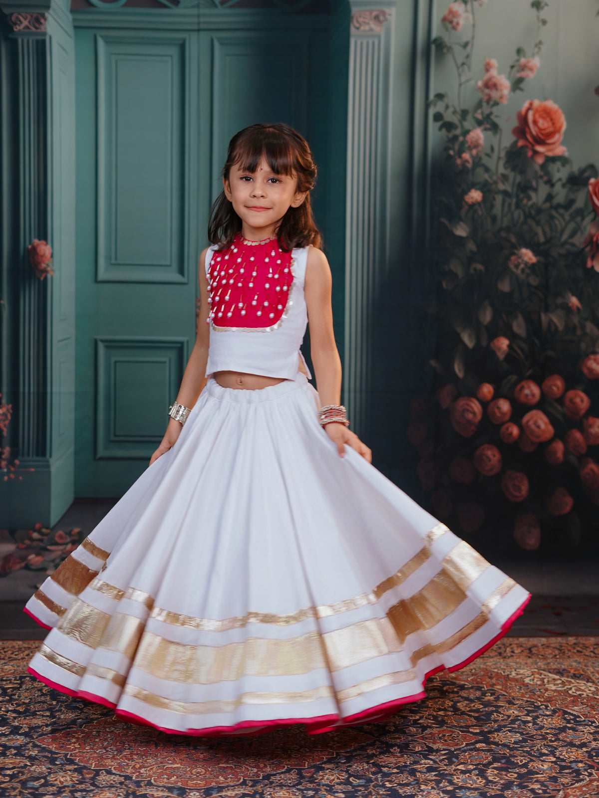 Kiara White & Pink Royal Kids Lehenga Choli