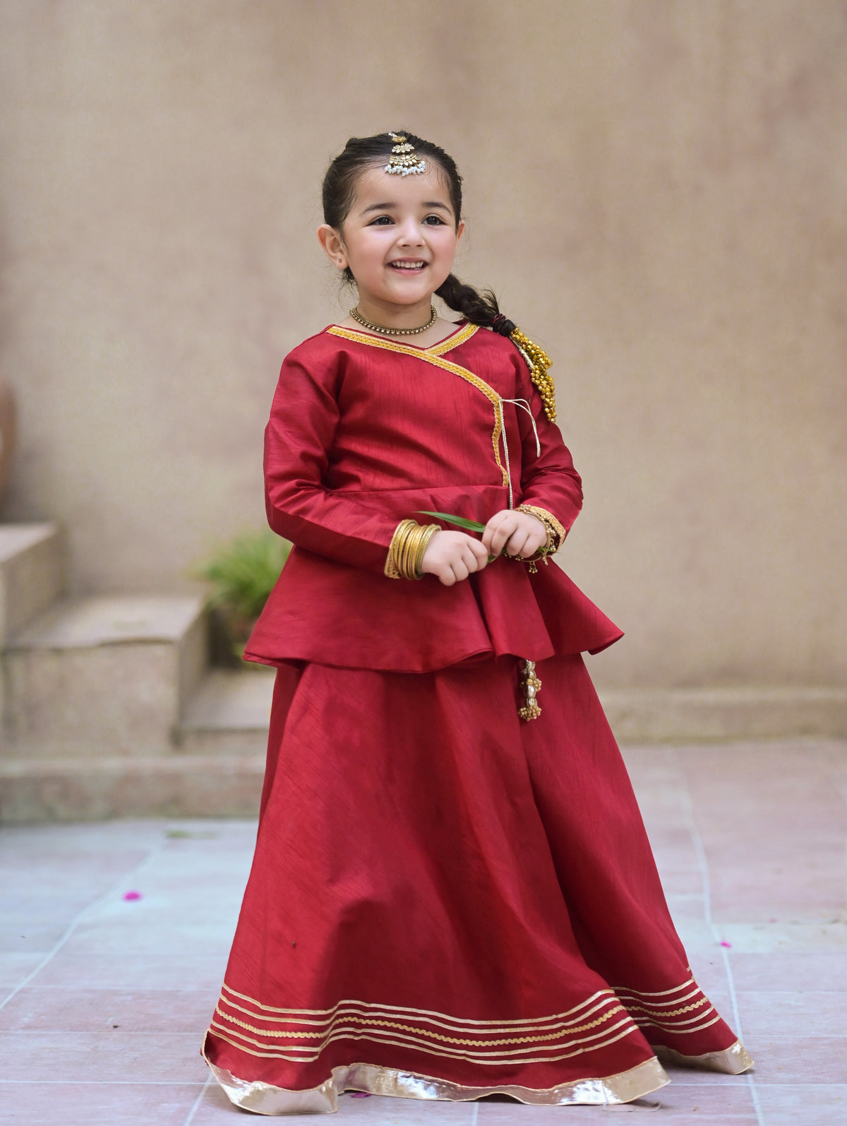 AARADHYA ROYAL RED KIDS LEHENGA SET