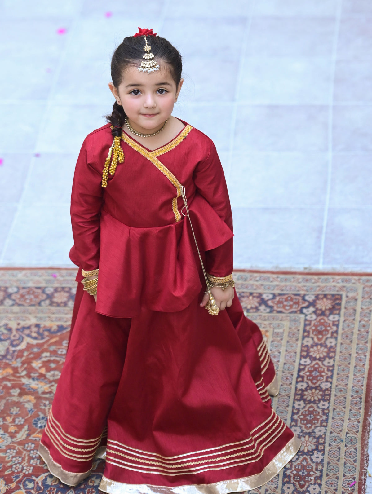 AARADHYA ROYAL RED KIDS LEHENGA SET