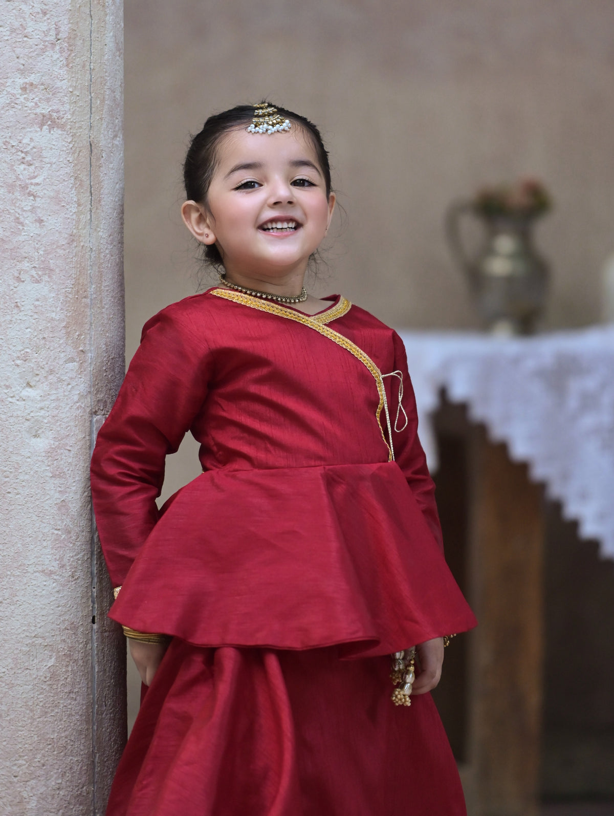 AARADHYA ROYAL RED KIDS LEHENGA SET