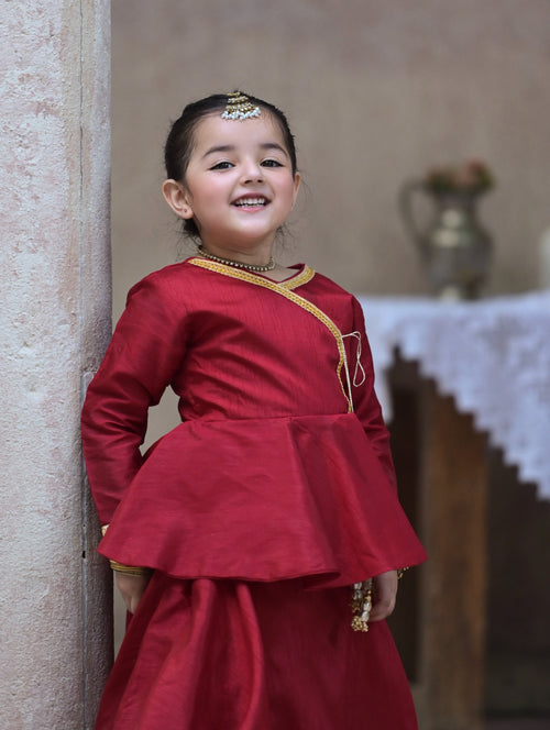 AARADHYA ROYAL RED KIDS LEHENGA SET