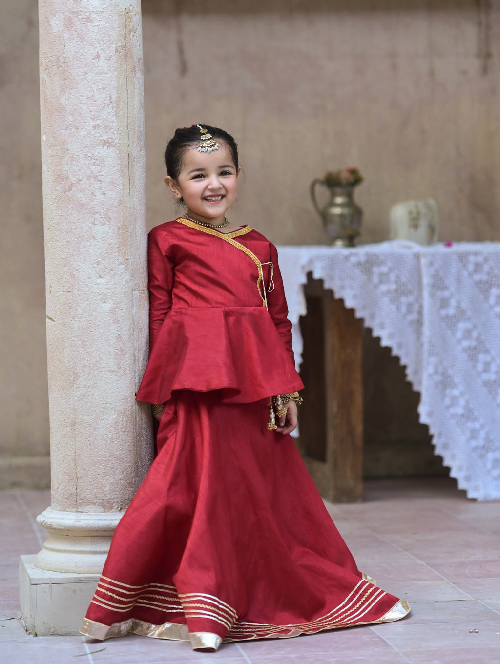 AARADHYA ROYAL RED KIDS LEHENGA SET