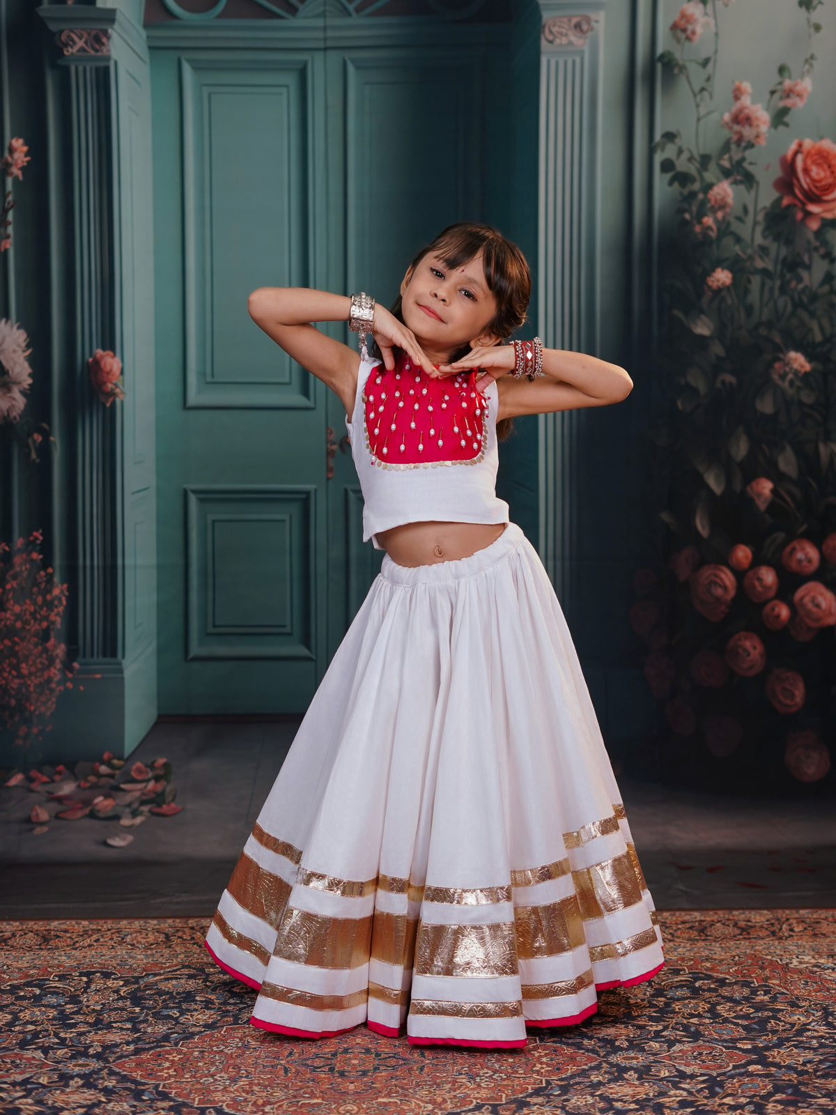 Kiara White & Pink Royal Kids Lehenga Choli