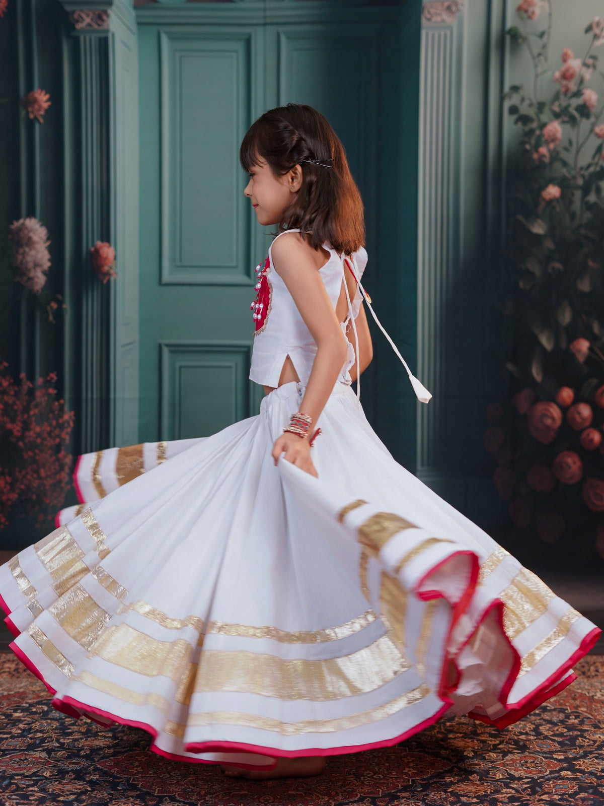 Kiara White & Pink Royal Kids Lehenga Choli
