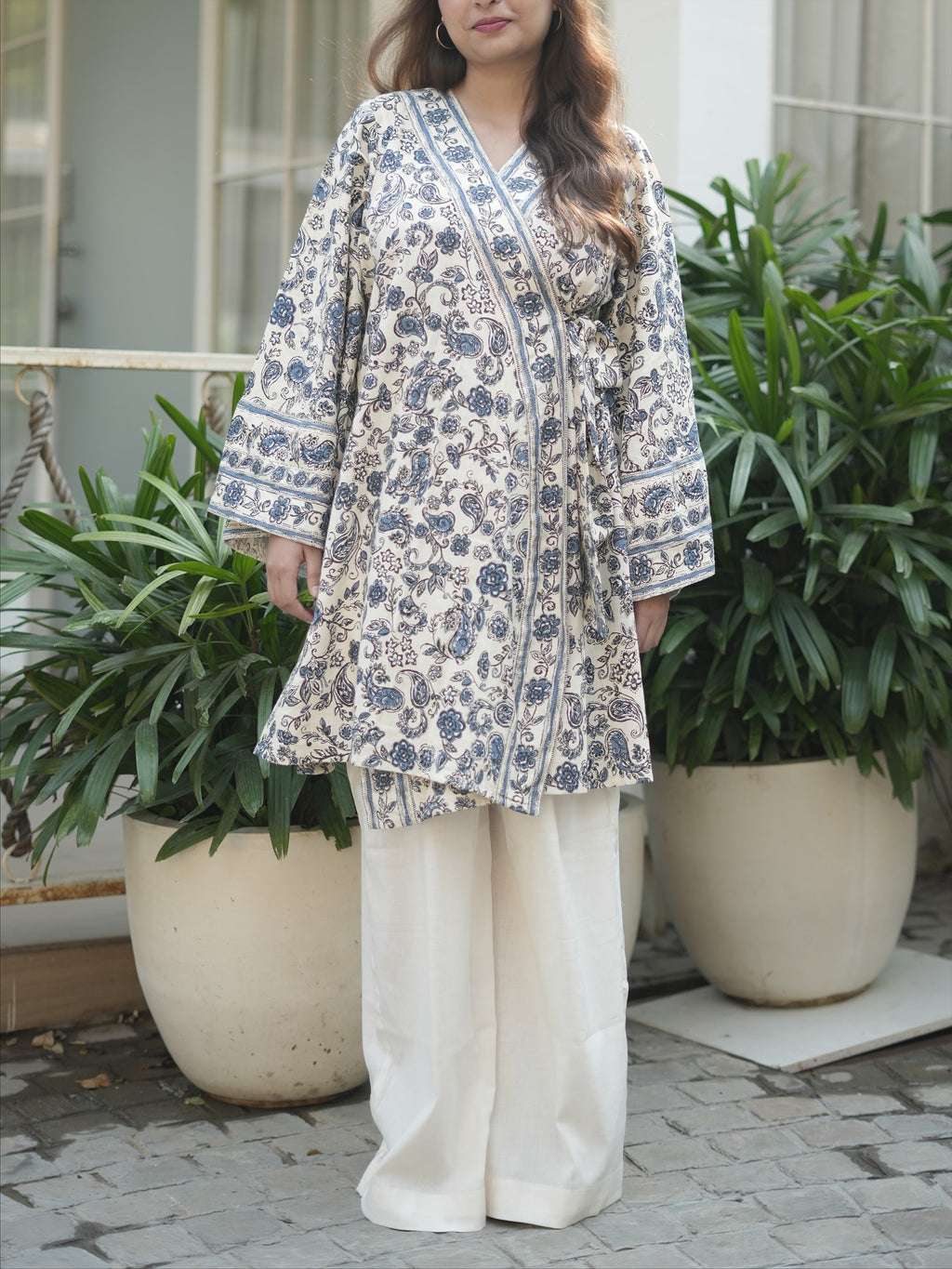 Meher Ivory Floral Wrap Kurta Palazzo Set