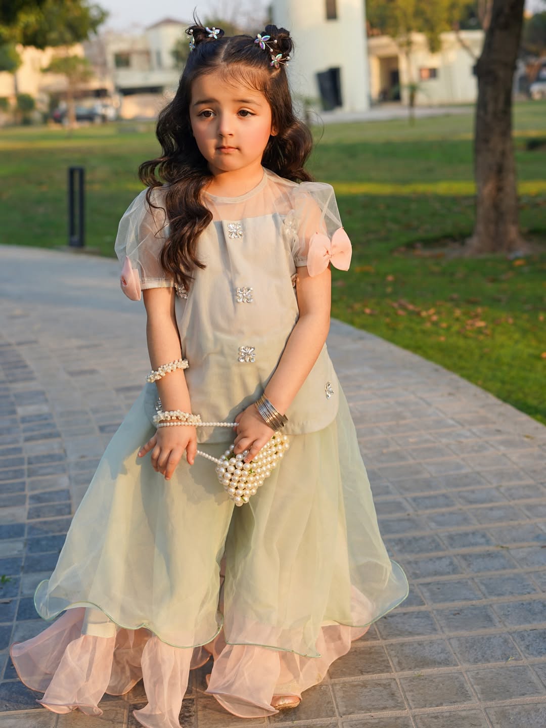 Elina Mint Pearl Sharara Set