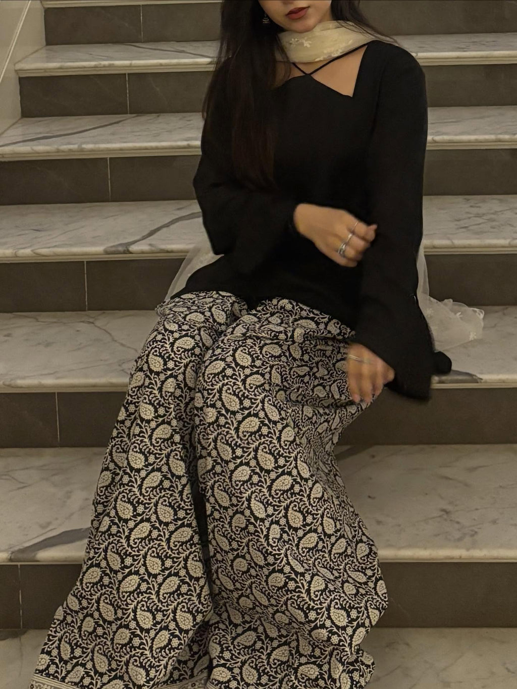 Zoya Black Kurta with Printed Farshi Salwar & Dupatta Set
