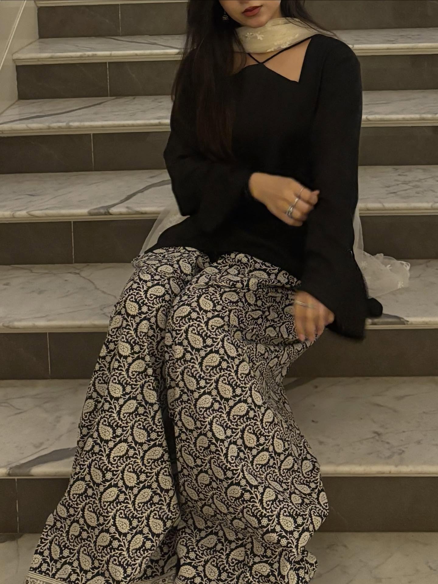 Zoya Black Kurta with Printed Farshi Salwar & Dupatta Set