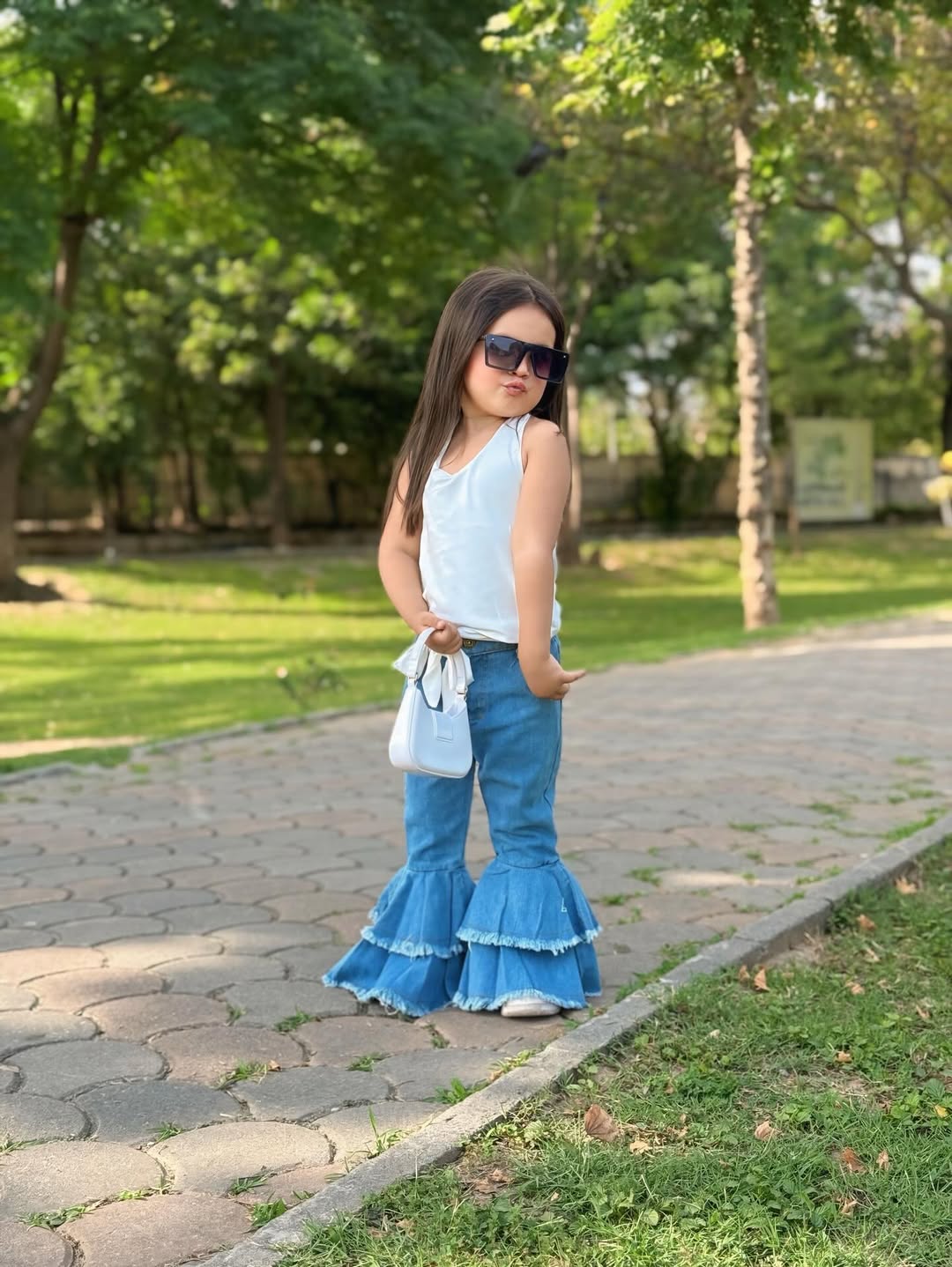 Denim Wave Ruffle Top Pant Set