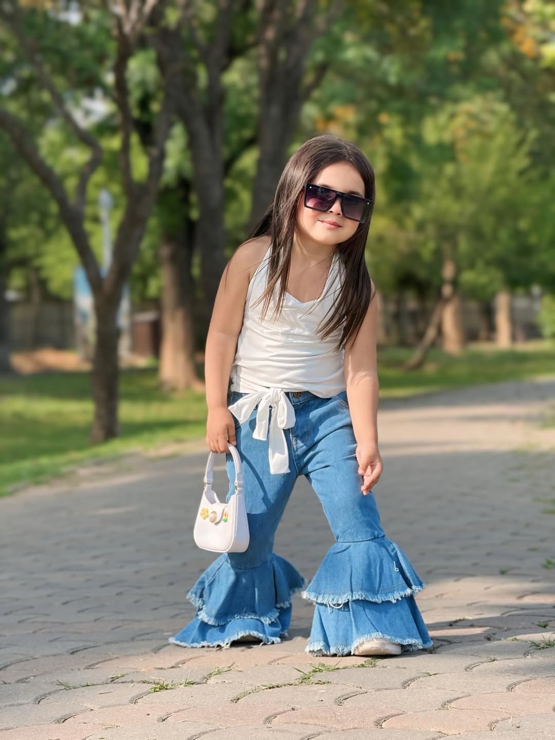 Denim Wave Ruffle Top Pant Set