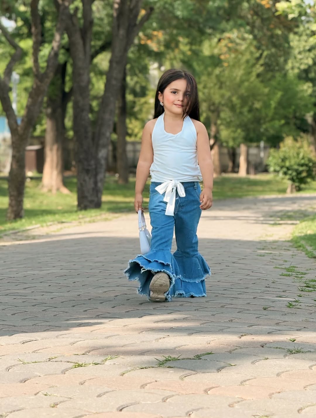 Denim Wave Ruffle Top Pant Set