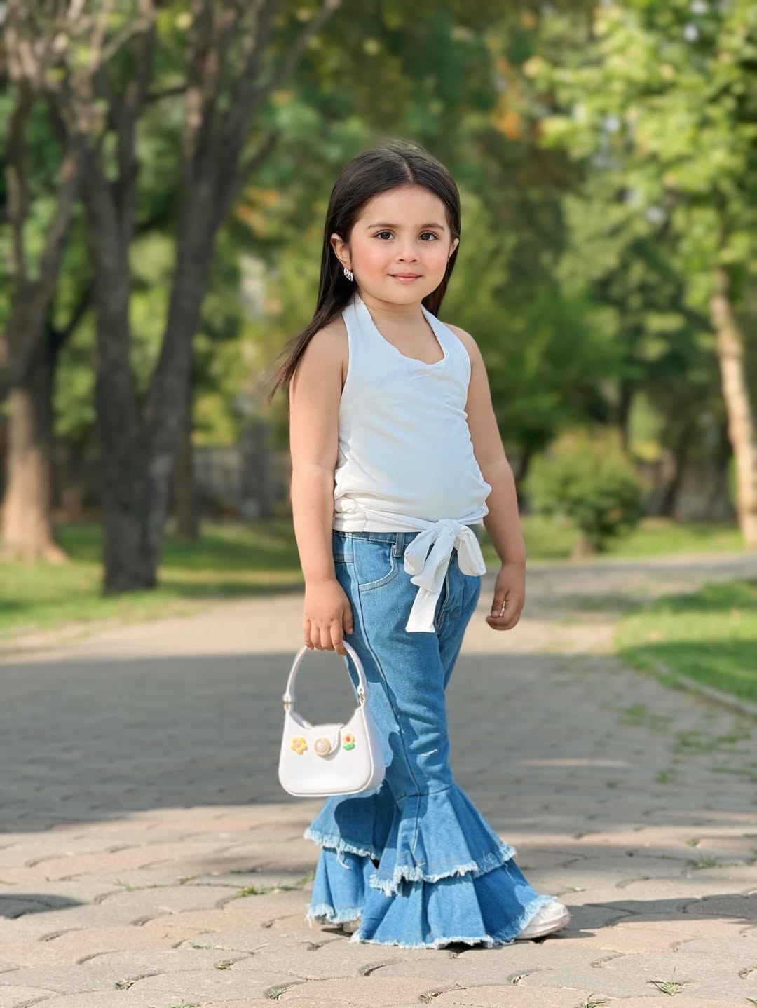 Denim Wave Ruffle Top Pant Set