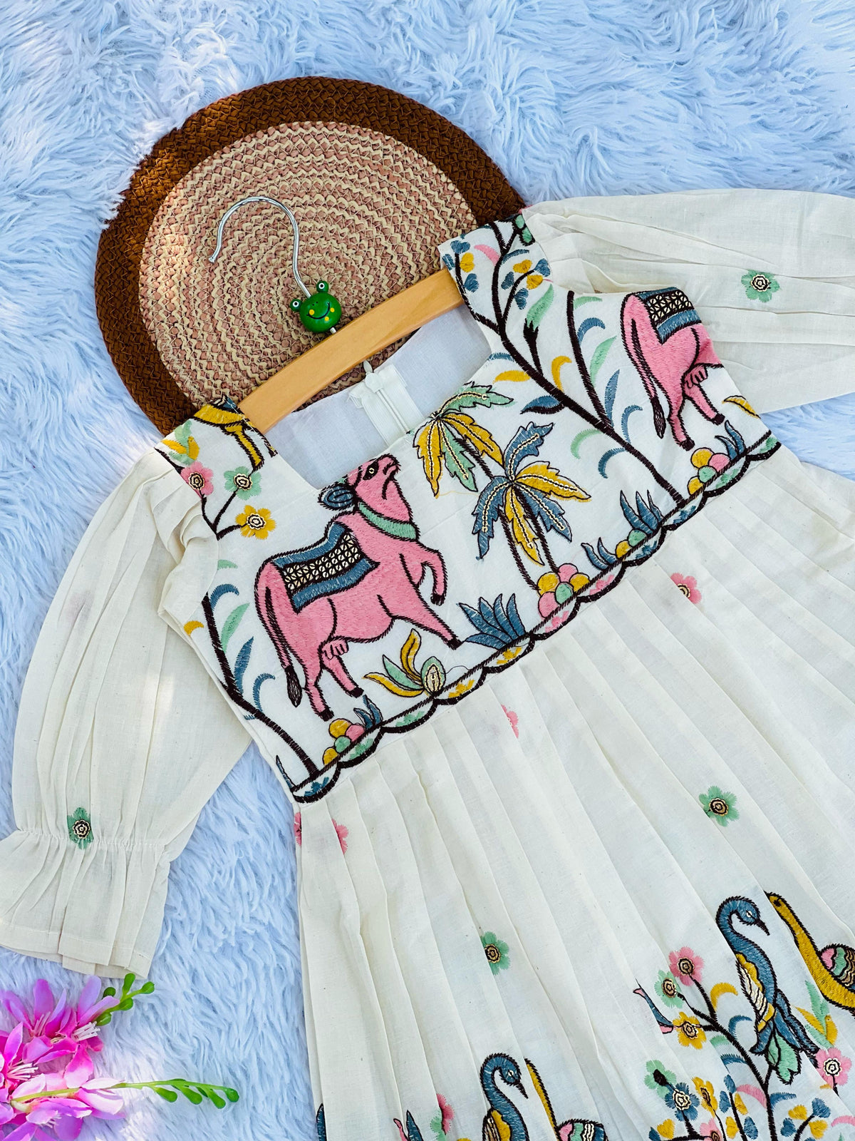Exquisite  Embroidery Work Pure Khadi Cotton Kids Sleeve Frock
