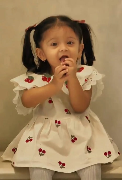 White Cherry Print Cotton Frock with Frill Sleeves