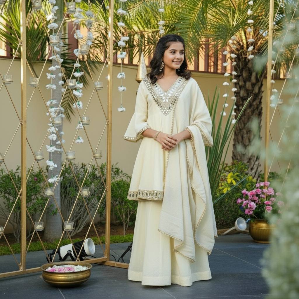 Royal Ivory Silk Sharara Suit with Zari & Mirror Embroidery