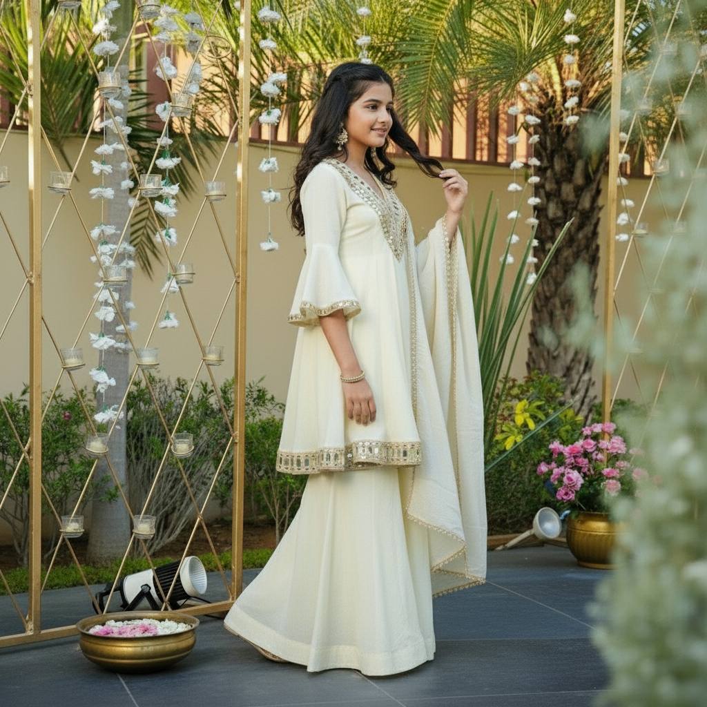 Royal Ivory Silk Sharara Suit with Zari & Mirror Embroidery