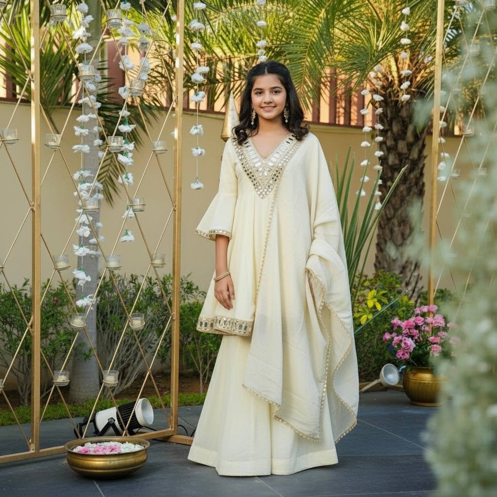 Royal Ivory Silk Sharara Suit with Zari & Mirror Embroidery