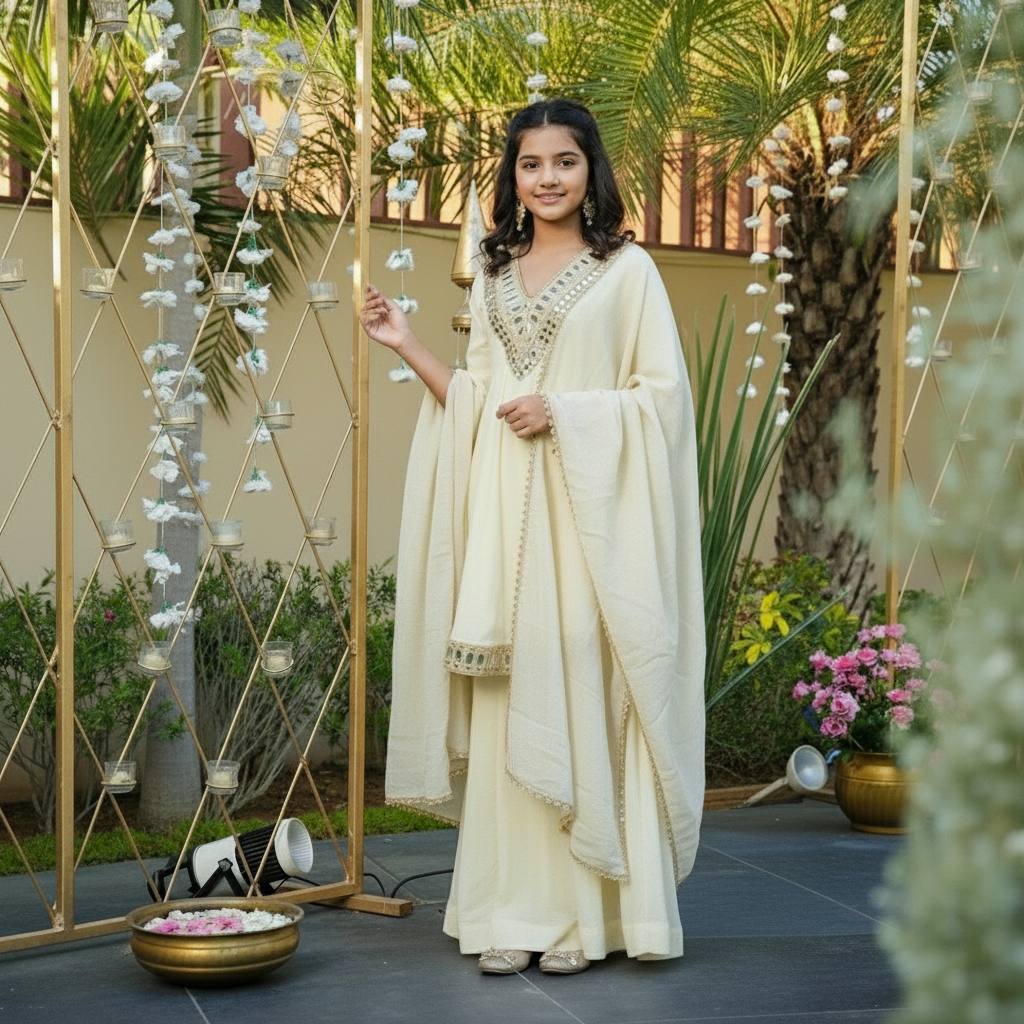 Royal Ivory Silk Sharara Suit with Zari & Mirror Embroidery